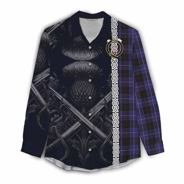 Dunlop Tartan Women's Casual Shirt with Family Crest Cross Sword Thistle Celtic Vibes