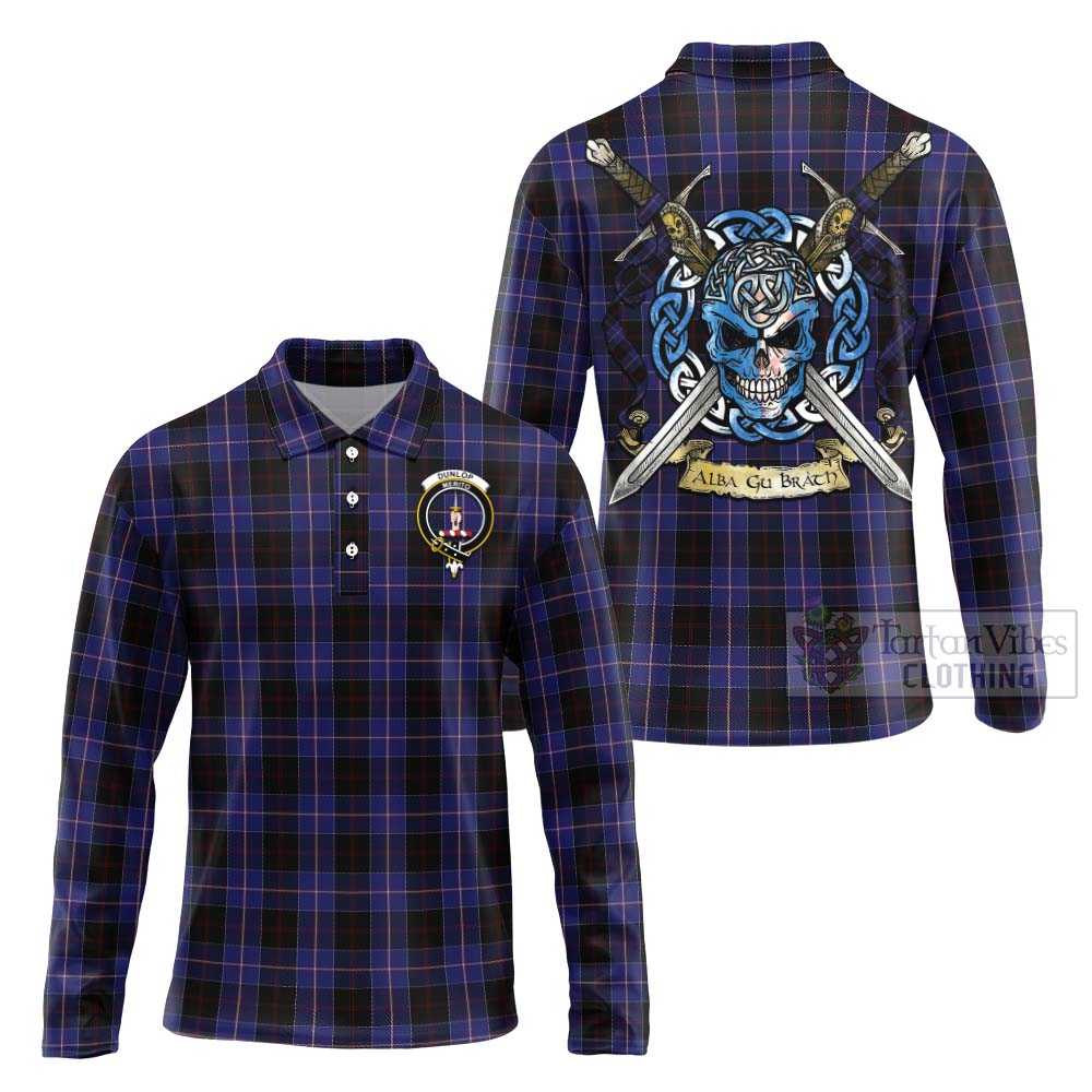 Tartan Vibes Clothing Dunlop Tartan Long Sleeve Polo Shirt with Family Crest Celtic Skull Style