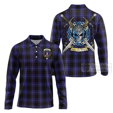 Dunlop Tartan Long Sleeve Polo Shirt with Family Crest Celtic Skull Style