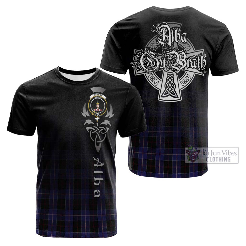 Tartan Vibes Clothing Dunlop Tartan Cotton T-shirt Featuring Alba Gu Brath Family Crest Celtic Inspired