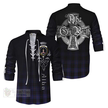 Dunlop Tartan Ghillie Kilt Shirt Featuring Alba Gu Brath Family Crest Celtic Inspired