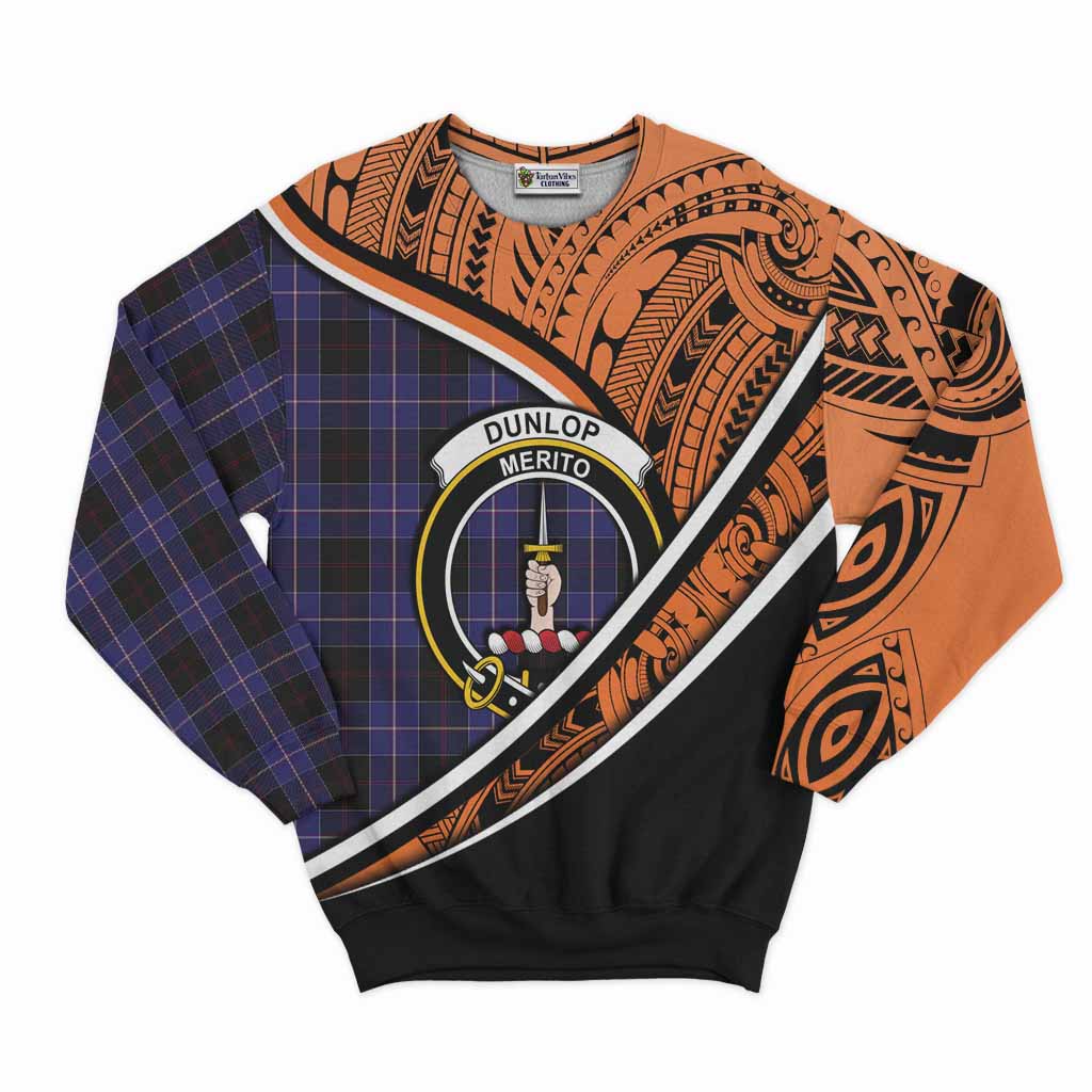 Tartan Vibes Clothing Dunlop Crest Tartan Sweatshirt with Maori Tattoo Style - Orange Version