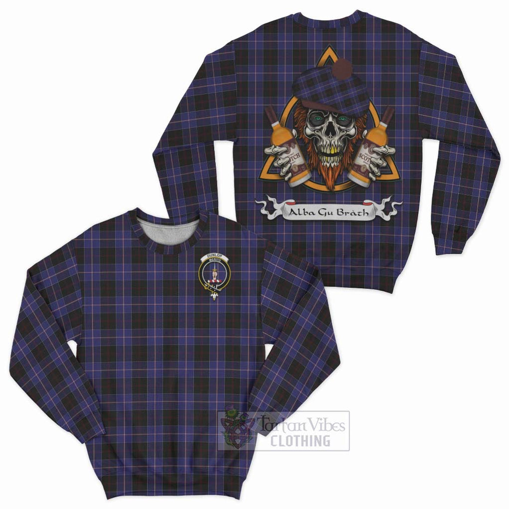 Tartan Vibes Clothing Dunlop Tartan Sweatshirt with Family Crest and Bearded Skull Holding Bottles of Whiskey