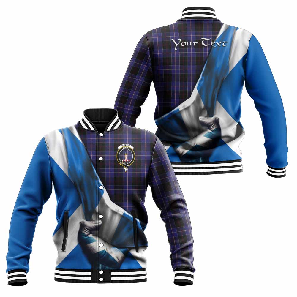 Tartan Vibes Clothing Dunlop Tartan Baseball Jacket with Family Crest Scotland Patriotic Style