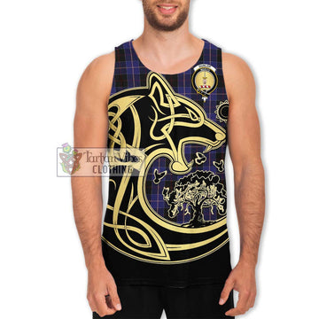 Dunlop Tartan Men's Tank Top with Family Crest Celtic Wolf Style