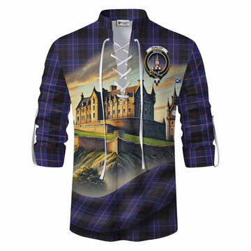 Dunlop Tartan Family Crest Ghillie Kilt Shirt with Scottish Ancient Castle Style Men - Tartan Vibes Clothing