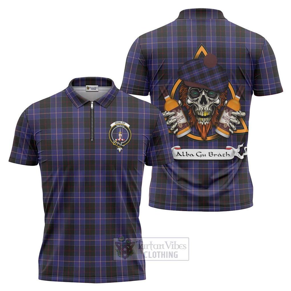 Tartan Vibes Clothing Dunlop Tartan Zipper Polo Shirt with Family Crest and Bearded Skull Holding Bottles of Whiskey