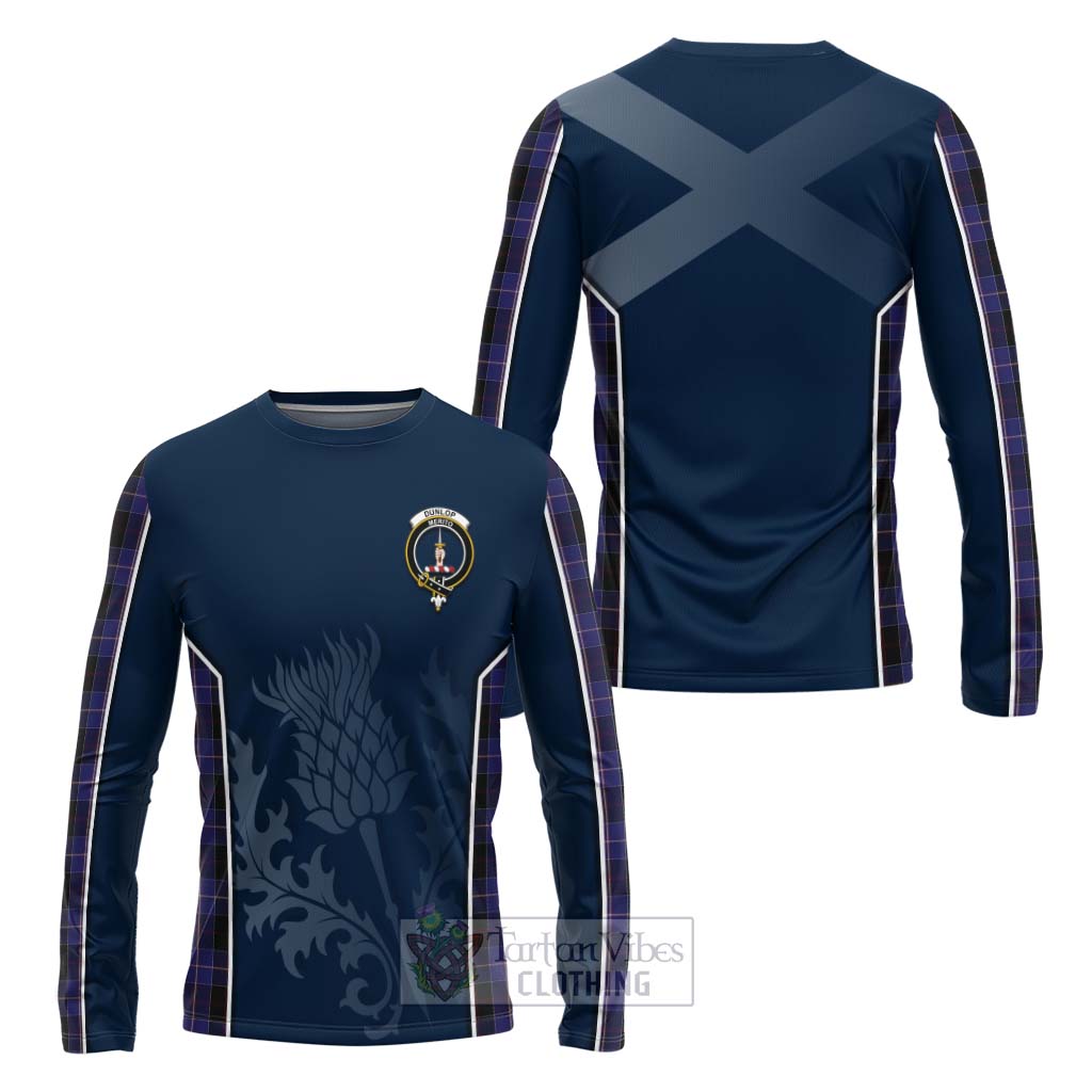 Tartan Vibes Clothing Dunlop Tartan Long Sleeve T-Shirt with Family Crest and Scottish Thistle Vibes Sport Style