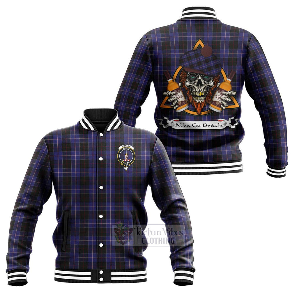 Tartan Vibes Clothing Dunlop Tartan Baseball Jacket with Family Crest and Bearded Skull Holding Bottles of Whiskey