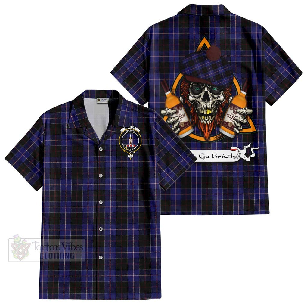 Tartan Vibes Clothing Dunlop Tartan Short Sleeve Button Shirt with Family Crest and Bearded Skull Holding Bottles of Whiskey