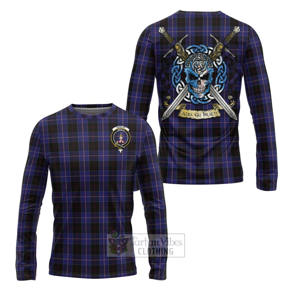 Tartan Vibes Clothing Dunlop Tartan Long Sleeve T-Shirt with Family Crest Celtic Skull Style