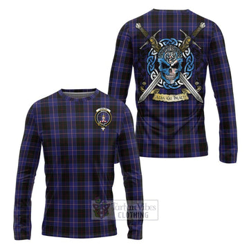 Dunlop Tartan Long Sleeve T-Shirt with Family Crest Celtic Skull Style