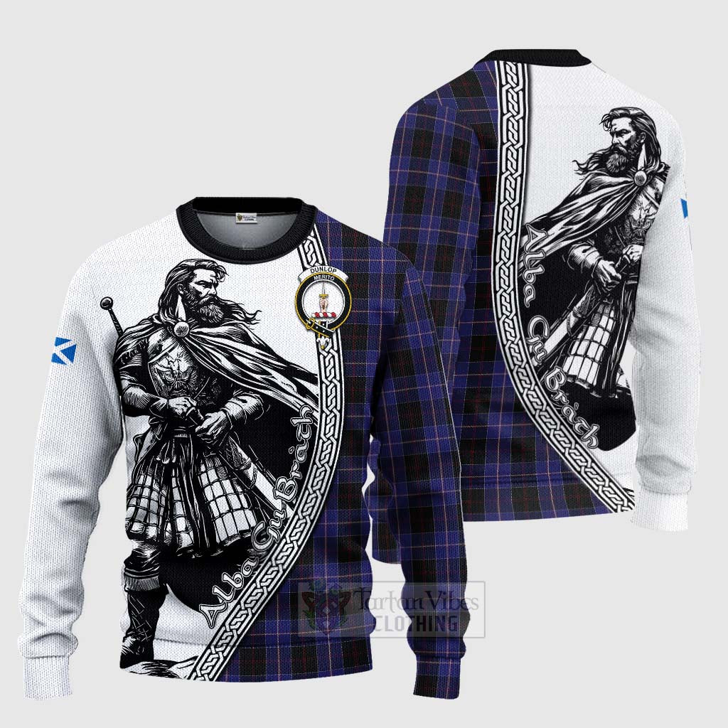 Tartan Vibes Clothing Dunlop Tartan Clan Crest Knitted Sweater with Highlander Warrior Celtic Style