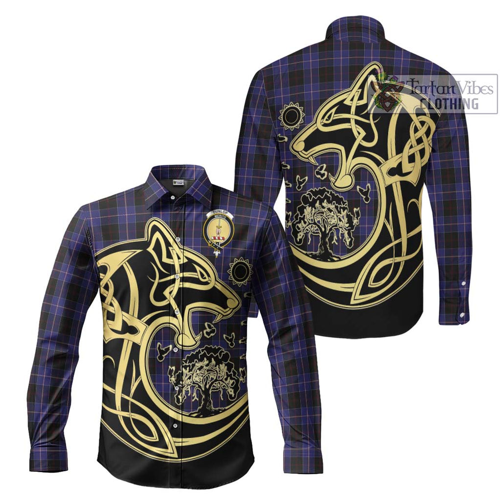 Dunlop Tartan Long Sleeve Button Shirt with Family Crest Celtic Wolf Style Men's Shirt S - Tartan Vibes Clothing