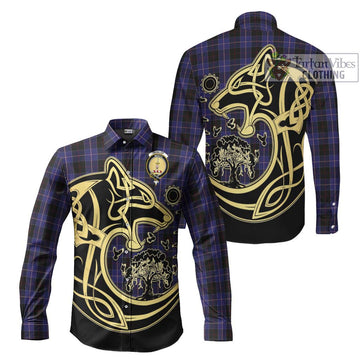 Dunlop Tartan Long Sleeve Button Shirt with Family Crest Celtic Wolf Style