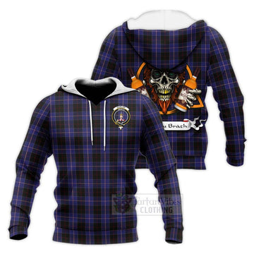 Dunlop Tartan Knitted Hoodie with Family Crest and Bearded Skull Holding Bottles of Whiskey