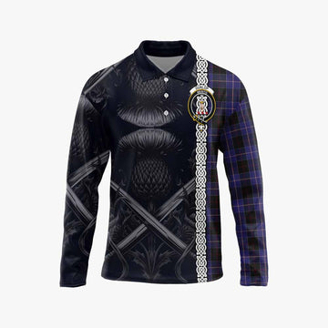 Dunlop Tartan Long Sleeve Polo Shirt with Family Crest Cross Sword Thistle Celtic Vibes