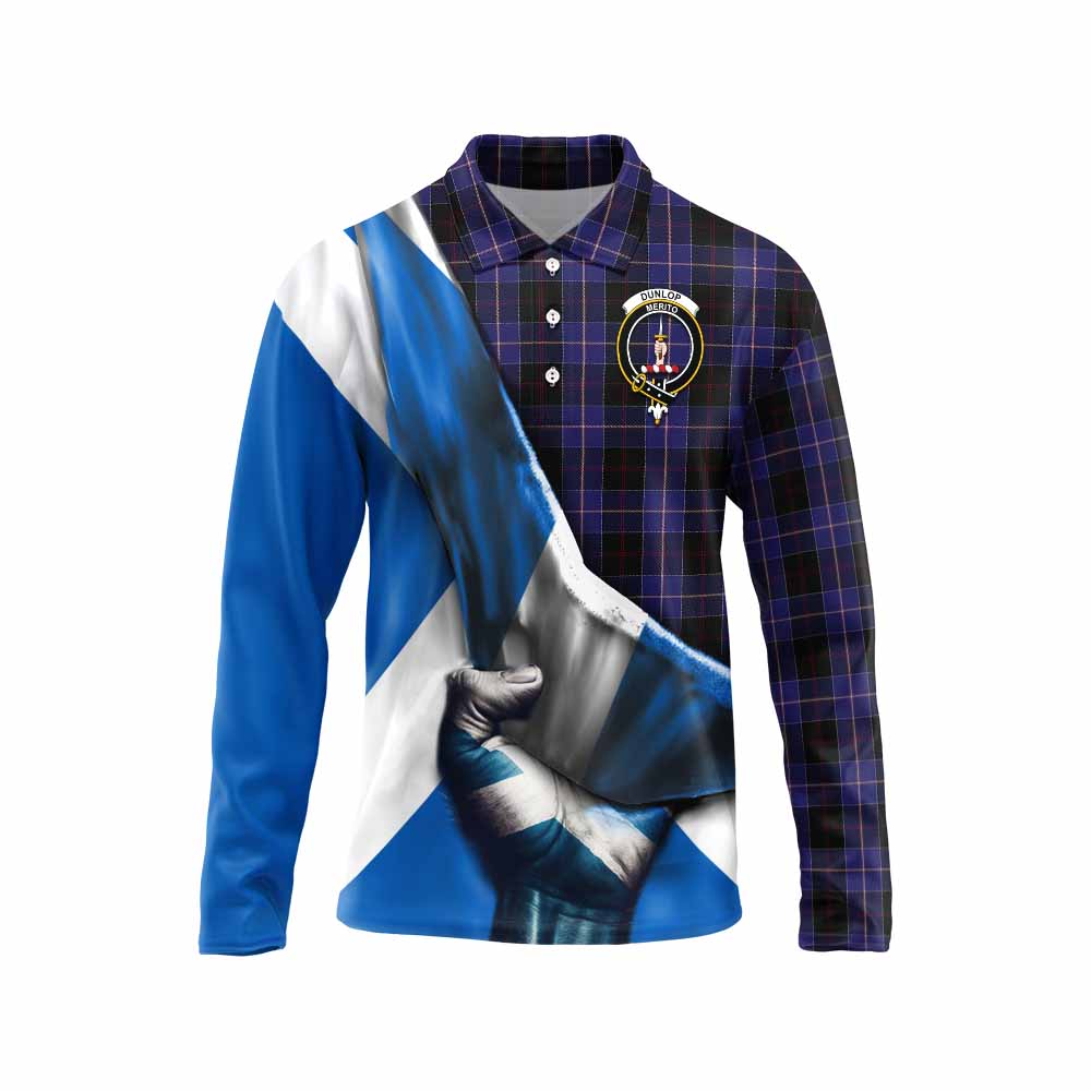 Tartan Vibes Clothing Dunlop Tartan Long Sleeve Polo Shirt with Family Crest Scotland Patriotic Style