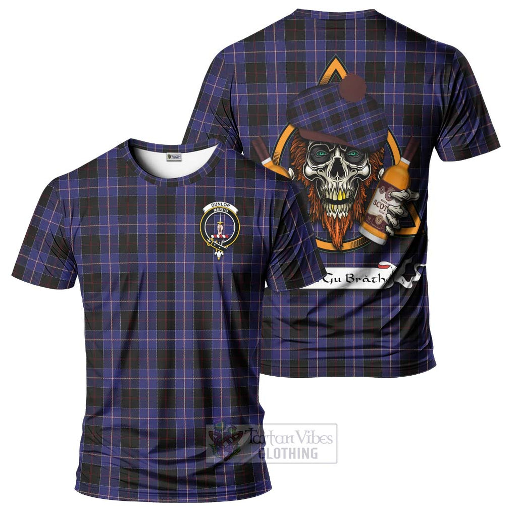 Tartan Vibes Clothing Dunlop Tartan T-Shirt with Family Crest and Bearded Skull Holding Bottles of Whiskey