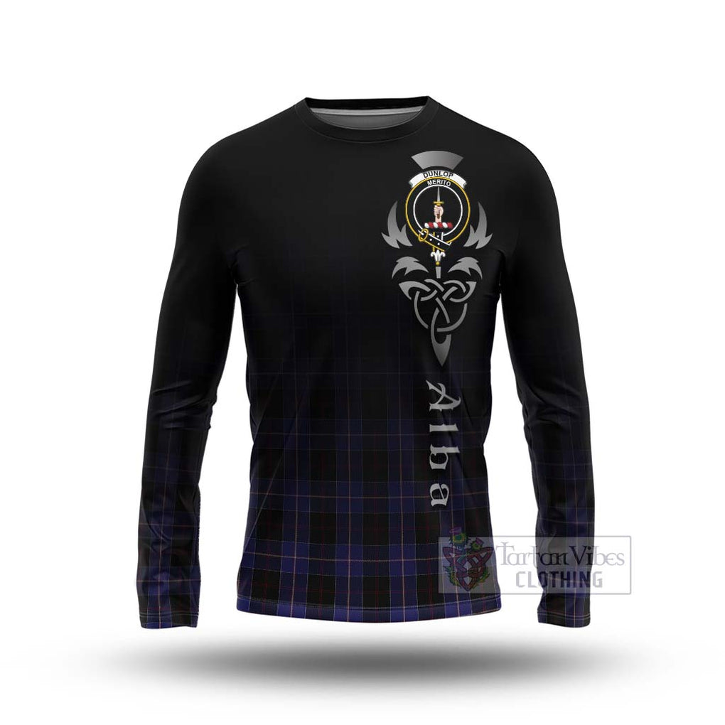 Tartan Vibes Clothing Dunlop Tartan Long Sleeve T-Shirt Featuring Alba Gu Brath Family Crest Celtic Inspired