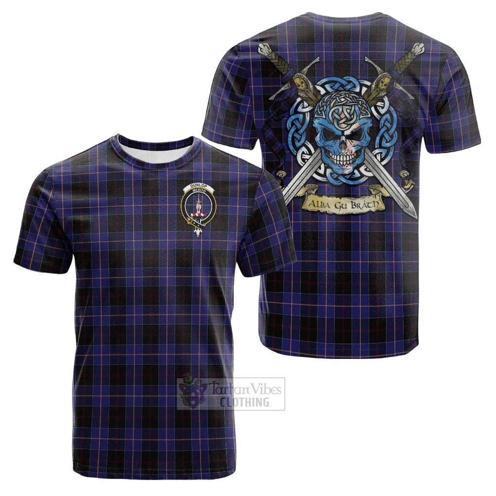 Tartan Vibes Clothing Dunlop Tartan Cotton T-shirt with Family Crest Celtic Skull Style