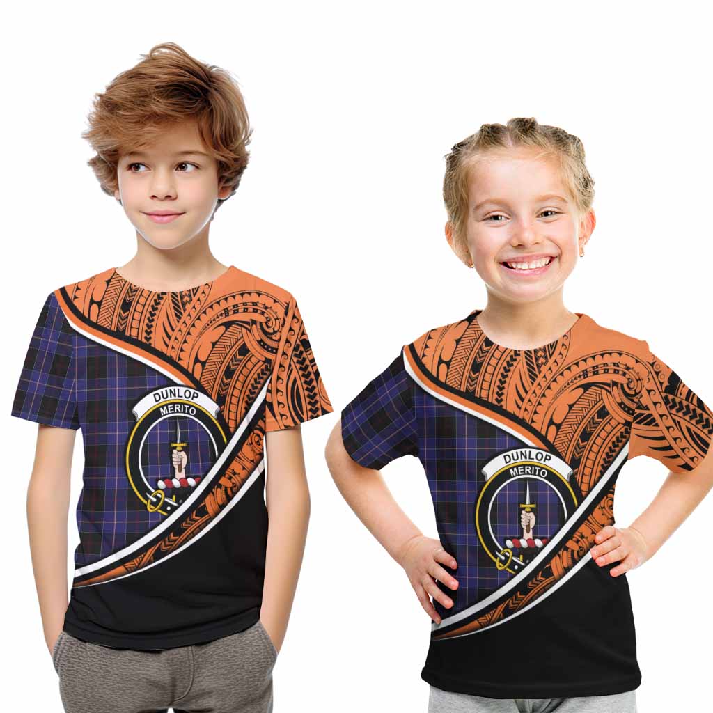 Tartan Vibes Clothing Dunlop Crest Tartan Kid T-Shirt with Maori Tattoo Style - Orange Version