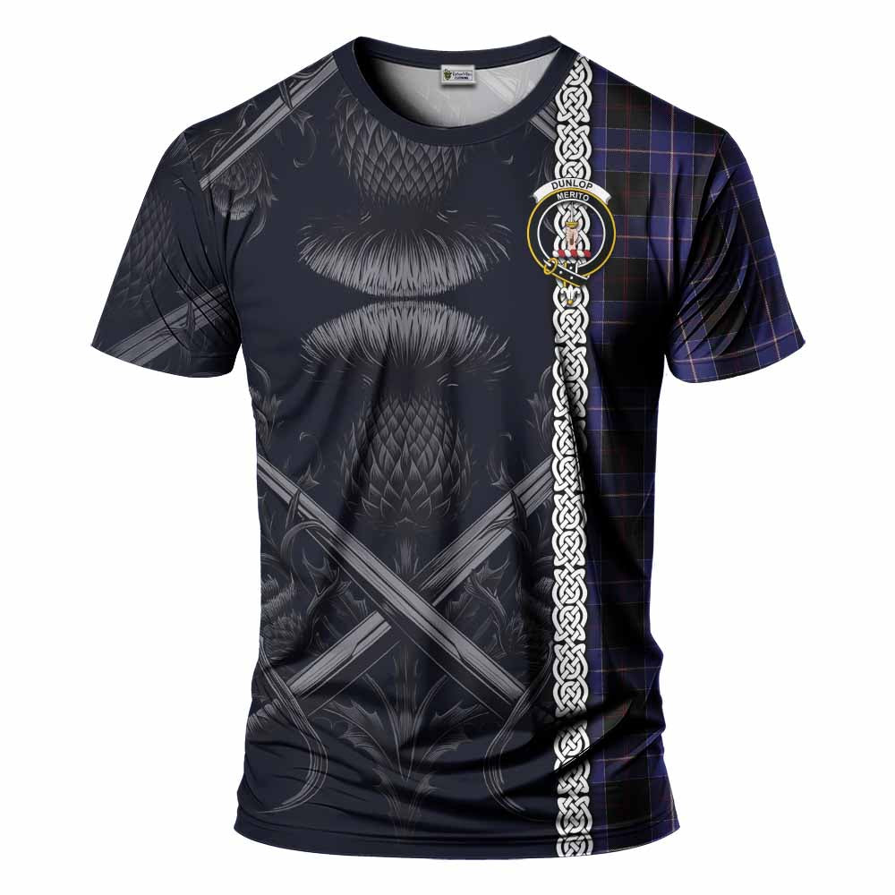 Tartan Vibes Clothing Dunlop Tartan T-Shirt with Family Crest Cross Sword Thistle Celtic Vibes