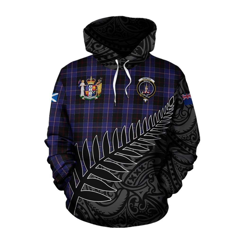 Tartan Vibes Clothing Dunlop Crest Tartan Cotton Hoodie with New Zealand Silver Fern Half Style