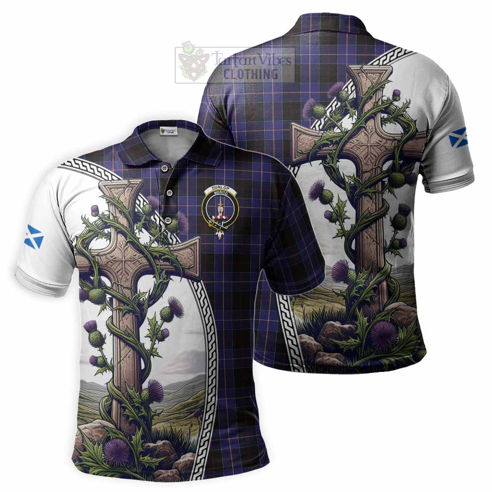 Tartan Vibes Clothing Dunlop Tartan Polo Shirt with Family Crest and St. Andrew's Cross Accented by Thistle Vines