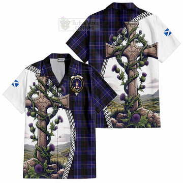 Dunlop Tartan Short Sleeve Button Shirt with Family Crest and St. Andrew's Cross Accented by Thistle Vines