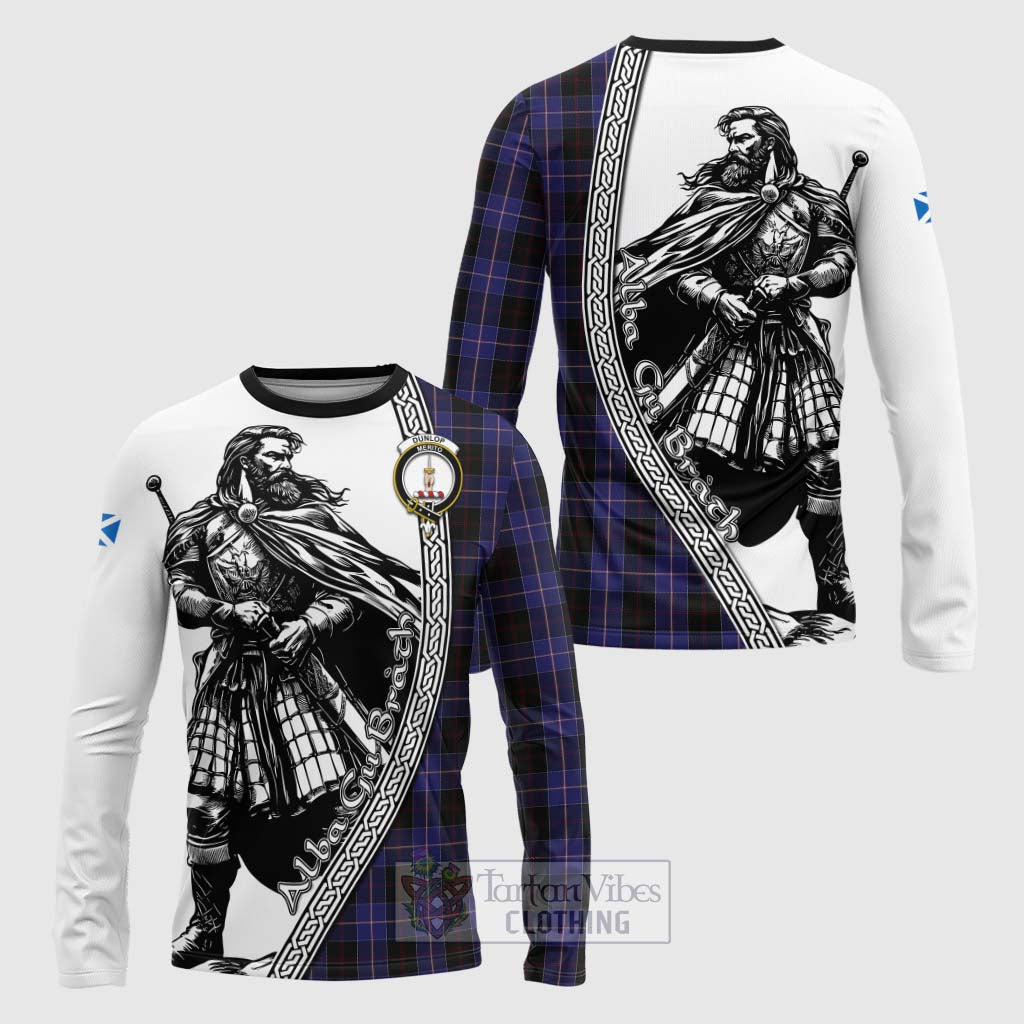 Tartan Vibes Clothing Dunlop Tartan Clan Crest Long Sleeve T-Shirt with Highlander Warrior Celtic Style