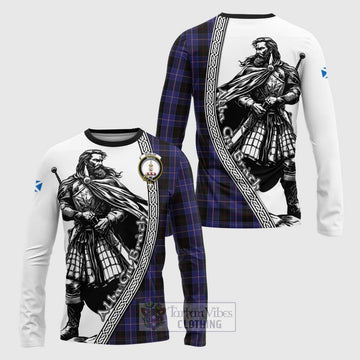 Dunlop Tartan Clan Crest Long Sleeve T-Shirt with Highlander Warrior Celtic Style