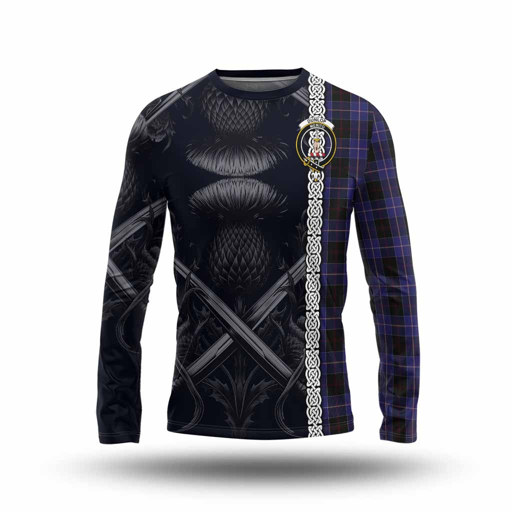 Tartan Vibes Clothing Dunlop Tartan Long Sleeve T-Shirt with Family Crest Cross Sword Thistle Celtic Vibes