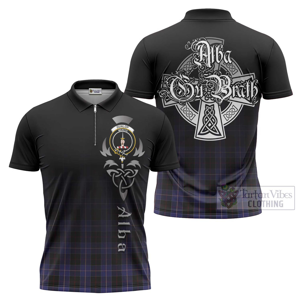 Tartan Vibes Clothing Dunlop Tartan Zipper Polo Shirt Featuring Alba Gu Brath Family Crest Celtic Inspired