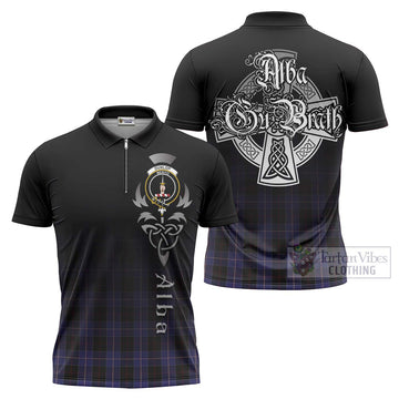 Dunlop Tartan Zipper Polo Shirt Featuring Alba Gu Brath Family Crest Celtic Inspired