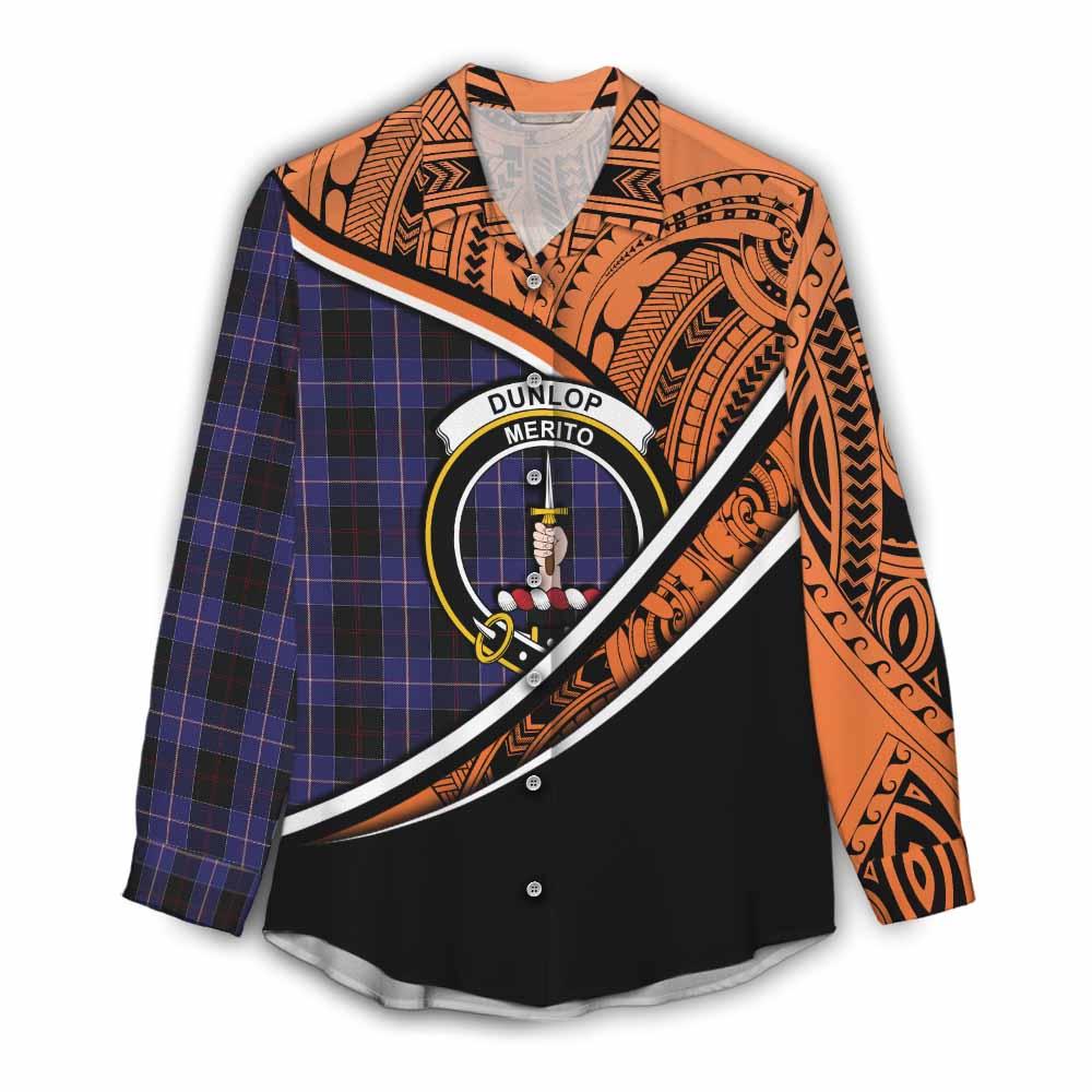 Tartan Vibes Clothing Dunlop Crest Tartan Women's Casual Shirt with Maori Tattoo Style - Orange Version