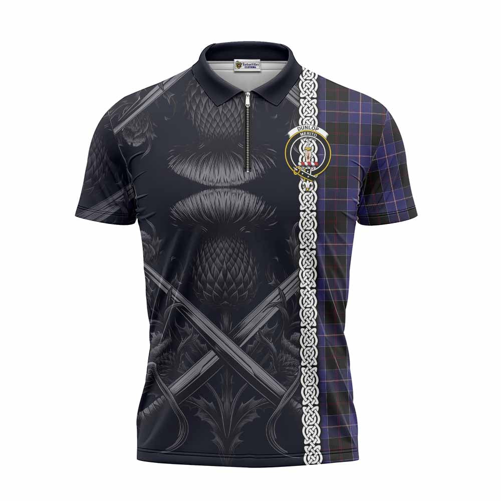 Tartan Vibes Clothing Dunlop Tartan Zipper Polo Shirt with Family Crest Cross Sword Thistle Celtic Vibes