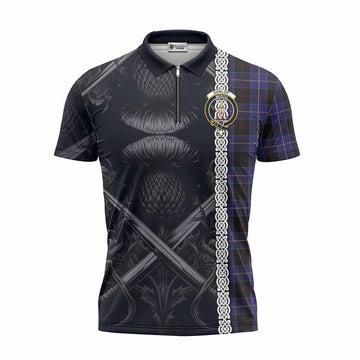 Dunlop Tartan Zipper Polo Shirt with Family Crest Cross Sword Thistle Celtic Vibes