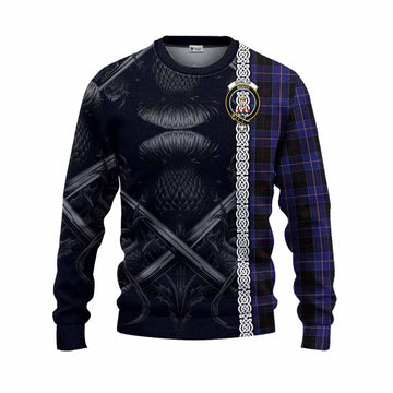 Dunlop Tartan Knitted Sweater with Family Crest Cross Sword Thistle Celtic Vibes