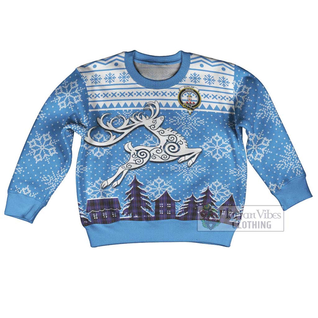 Tartan Vibes Clothing Dunlop Clan Christmas Kid Ugly Sweater with Tartan and Celtic Raindeer Style