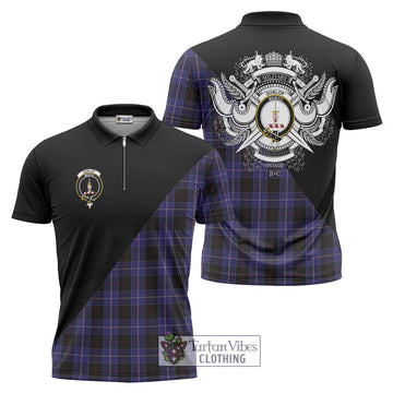 Dunlop Tartan Zipper Polo Shirt with Family Crest and Military Logo Style