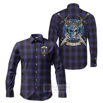 Dunlop Tartan Long Sleeve Button Shirt with Family Crest Celtic Skull Style