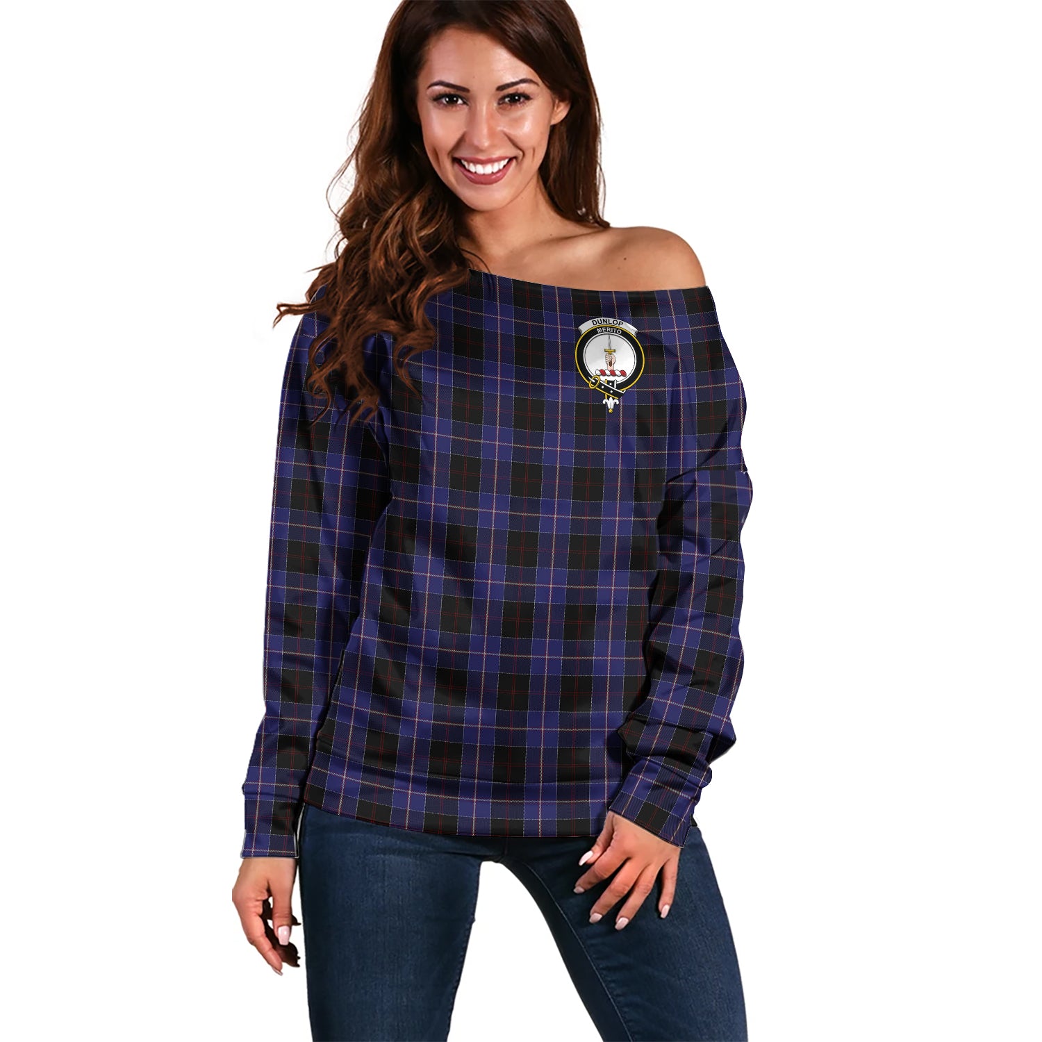 Dunlop Tartan Off Shoulder Women Sweater with Family Crest Women - Tartanvibesclothing