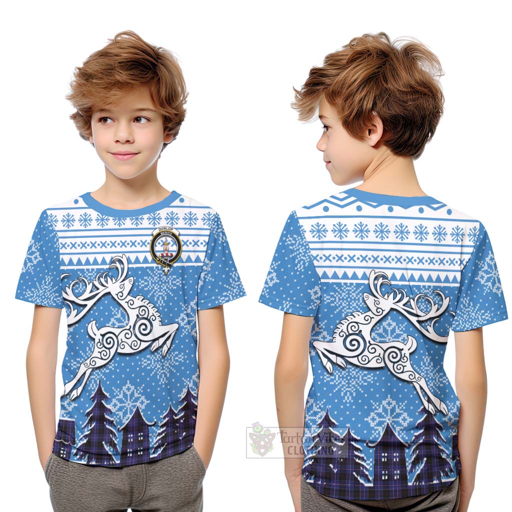 Tartan Vibes Clothing Dunlop Clan Christmas Kid T-Shirt Celtic Reindeer Style