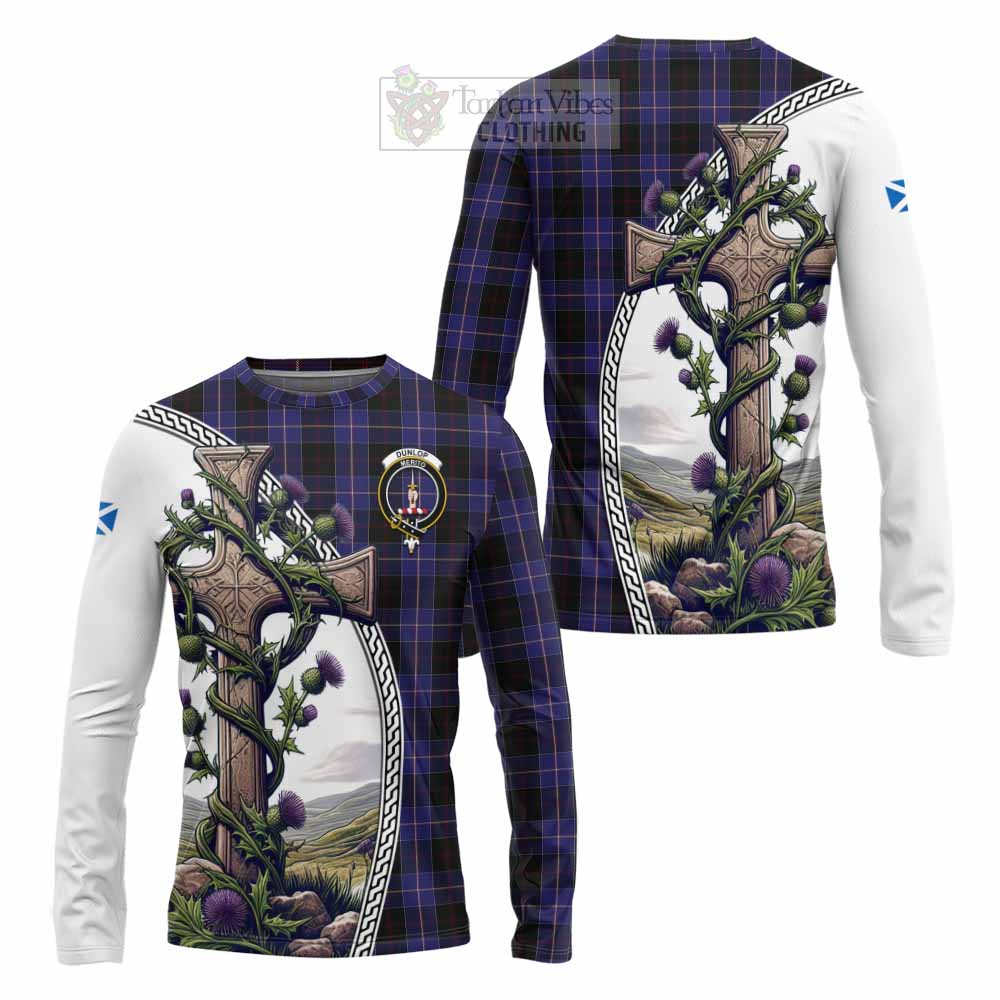 Tartan Vibes Clothing Dunlop Tartan Long Sleeve T-Shirt with Family Crest and St. Andrew's Cross Accented by Thistle Vines