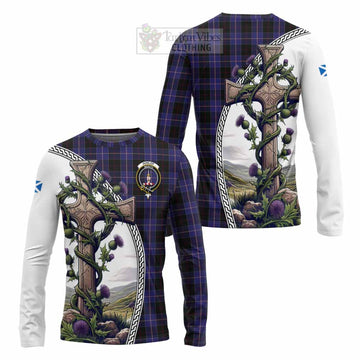 Dunlop Tartan Long Sleeve T-Shirt with Family Crest and St. Andrew's Cross Accented by Thistle Vines