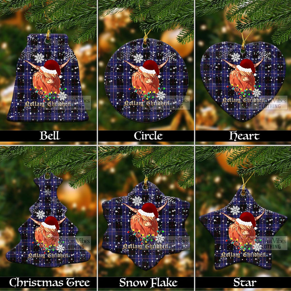 Tartan Vibes Clothing Dunlop Clan Tartan Ornament with Christmas Twinkle Highland Cattle