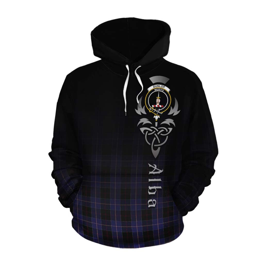 Tartan Vibes Clothing Dunlop Tartan Cotton Hoodie Featuring Alba Gu Brath Family Crest Celtic Inspired