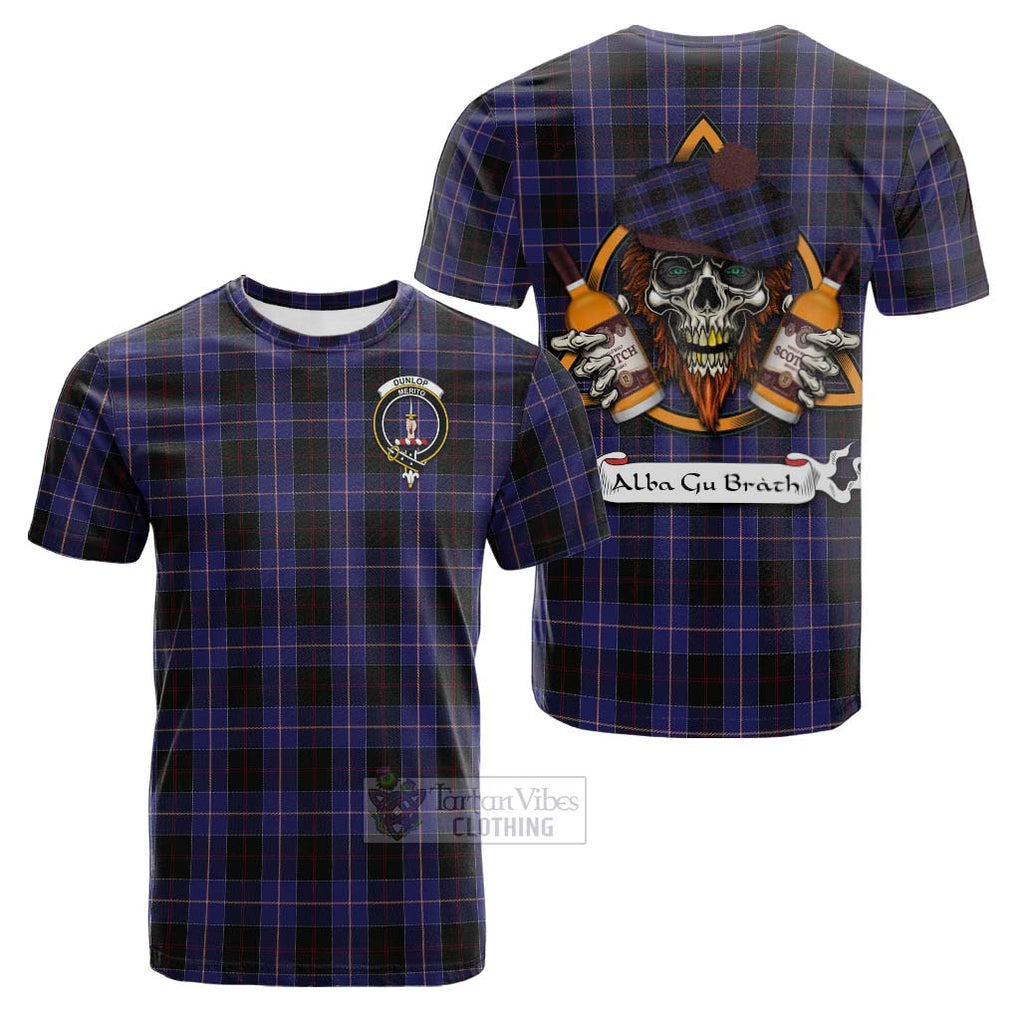 Tartan Vibes Clothing Dunlop Tartan Cotton T-shirt with Family Crest and Bearded Skull Holding Bottles of Whiskey