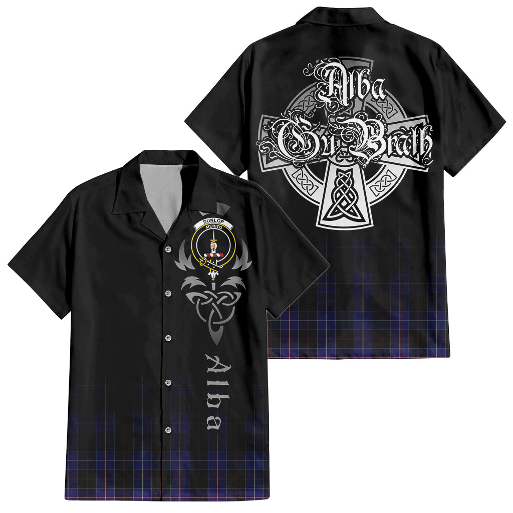 Tartan Vibes Clothing Dunlop Tartan Short Sleeve Button Up Featuring Alba Gu Brath Family Crest Celtic Inspired